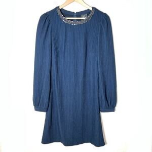Adrianna Papell navy blue knit beaded neck long sleeve A-line dress size 6 B125